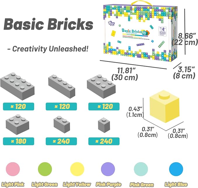 Pairez Toys 1000 Piece Blocks for Building, Bulk 2x4 Basic Bricks Building Set, Compatible with All Major Brands, Creative STEM Building Toys for Kids Ages 4+ (Pink Purple Blue Yellow Green)
