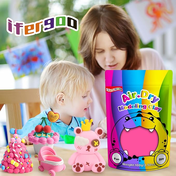ifergoo Pink Air Dry Clay, DIY Creative Modeling Clay for Kids, Super Light Magic Foam Clay for Kids Age 3-12, Soft, No-Sticky & Non-Toxic, Molding Clay for School Art & Craft Project(Pink 100g/3.5oz)