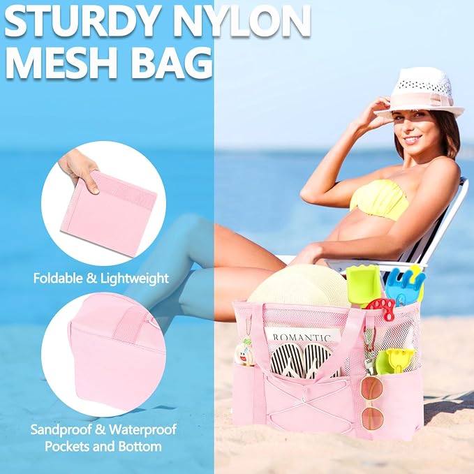 Fammart Mesh Beach Bag for Women, Large Beach Toy Pool Bag with Zipper Pocket, SandProof Cruise Essentials 2026 Family Travel