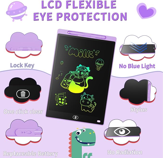 Genialba LCD Writing Board 10 Inches, Colourful Electronic Tablet, Portable Erasable Drawing Board, Graphic Tablet for Children's Games 3 4 5 6 7 Year Old Kid Boys Girls (Purple)
