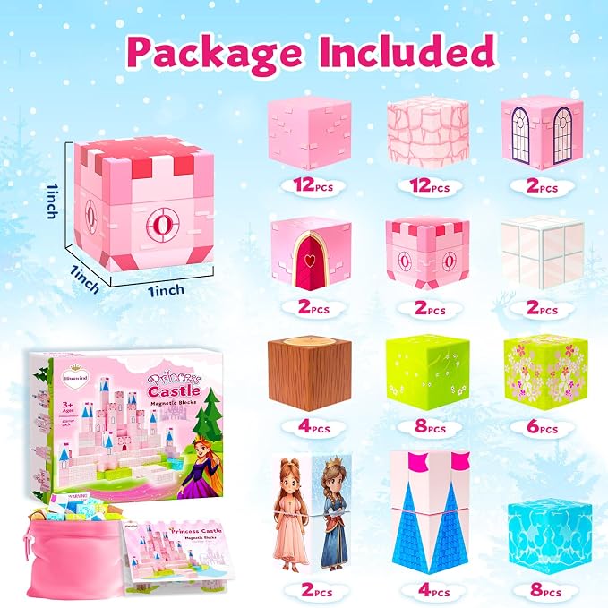 Hiwawind Large Magnetic Blocks 64Pcs (1-Inch), Princess Castle Building Toys, Birthday Gifts for 3 4 5 Year Old Girls, STEM Toddler Travel Toys for Age 3-8