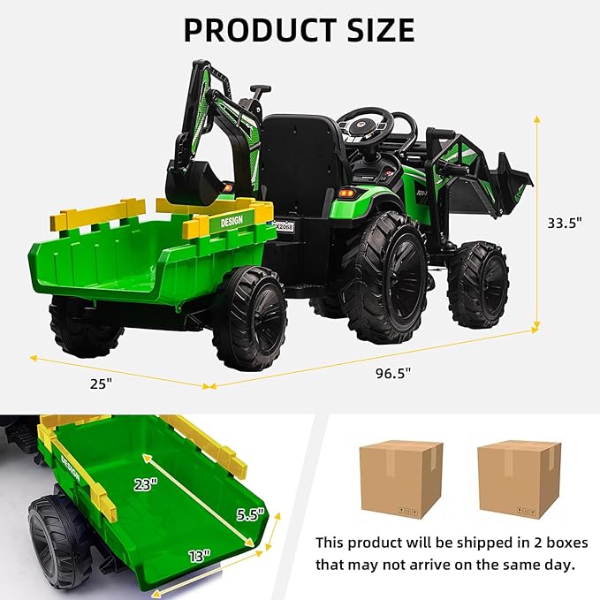 3 in 1 Ride on Tractor, 24V Ride on Toy for Big Kids, Excavator Bulldozer - Battery-Powered Electric Vehicle w/Trailer, Digger, Remote Control, LED Lights, Music, USB, Battery Powered, Green