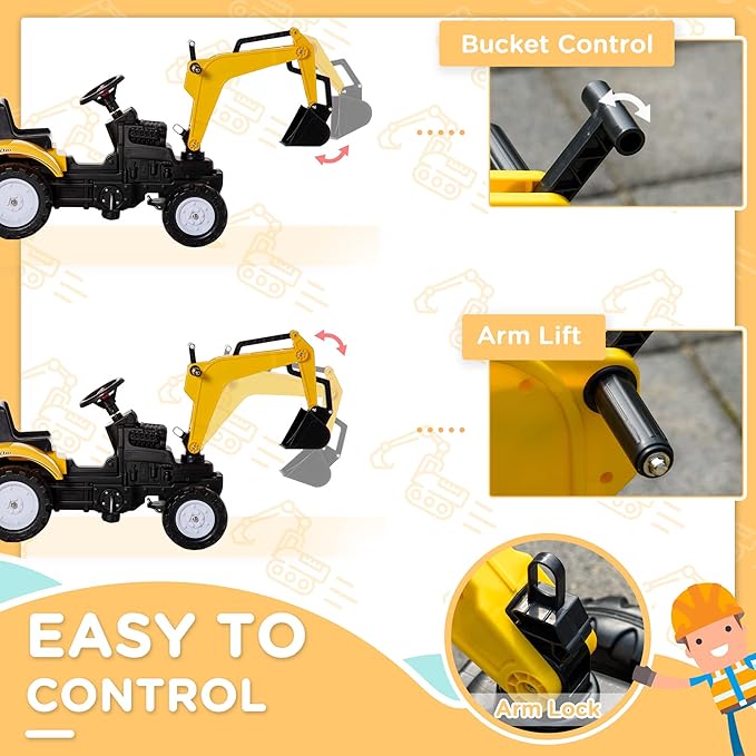 Aosom Digger Ride-on Truck Kids Car with Horn, Excavator Ride-on Toy, Imaginative Toy Construction Car, 6 Wheels & Detachable Trailer, Yellow