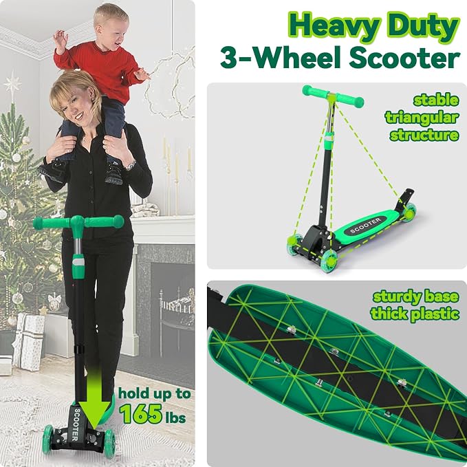 Scooter for Kids 3-12, Kid Scooters with Extra-Wide Deck, 165 lbs Capacity, 3 Wheel Kick Scooter with Lean to Steer, Height Adjustable Handlebar, Light Up Wheels for Stable Smooth Riding, Child Gift