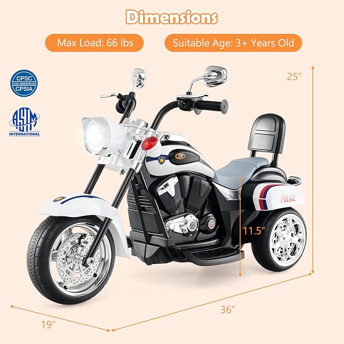 Costzon Kids Motorcycle, 6V Battery Powered Ride on Chopper Motorcycle w/Horn, Headlight, 3-Wheel Stable Ride on Toys, Electric Toddler Motorcycle for Kids, Gift for Boys Girls (Police White)