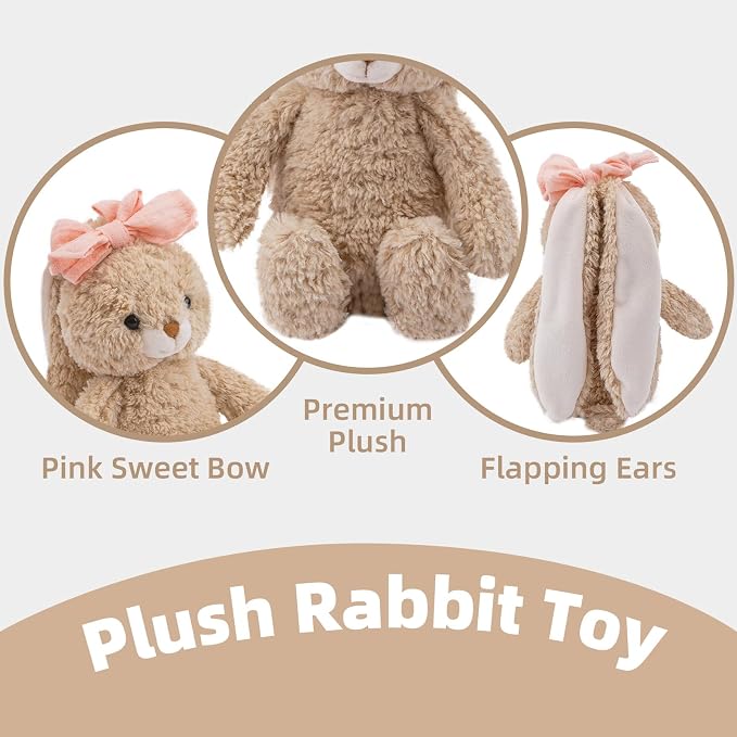 Bunny Stuffed Animal Soft Rabbit Cuddly Toy 8'' Long - Eared Brown Plush Bunny with Pink Bow Plush Toys for Babies and Toddlers