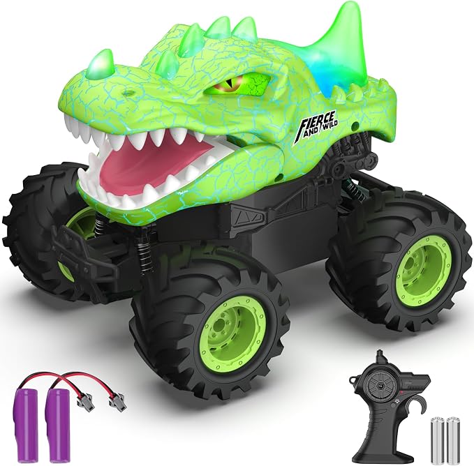 Dinosaur Remote Control Car, 2.4GHz Monster Truck Toys Rechargeable RC Cars 1:24 Scale RC Truck with LED Light Movable Mouth, Dinosaur Cars Toys for Kids Boys 6-8 8-12 Birthday Gift, Green