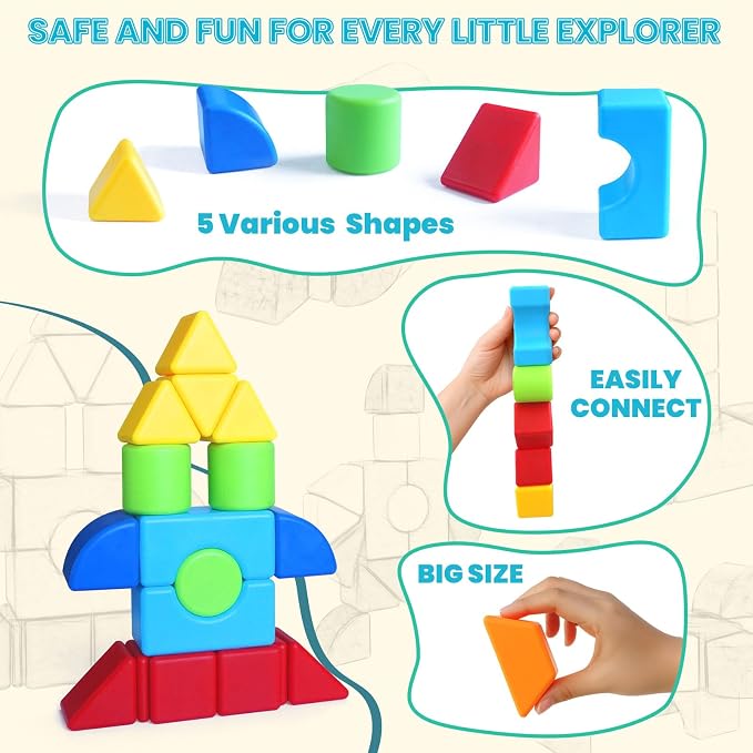 1.65 Inch Magnetic Building Blocks, 3D Shapes Large Magnetic Blocks for Kids Ages 4+, 24PCS Educational Construction Blocks for Boys and Girls