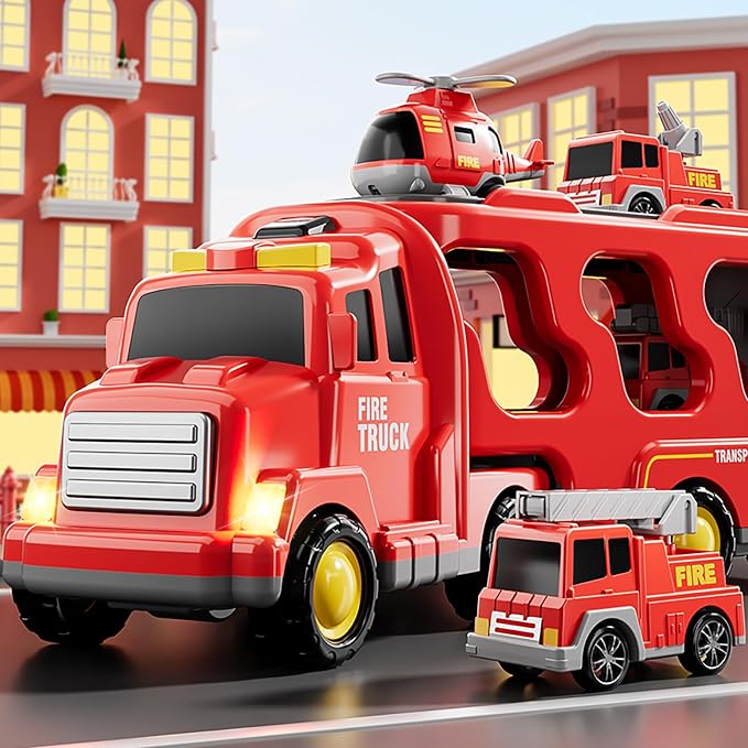 Bennol Fire Truck Toys for 1 2 3 4 5 Years Old Boys Toddlers, Cars Toys Gifts Fire Trucks with Ladder Fire Trucks & Helicopter, Toddler Car Toy Set for Kids Boys Girls