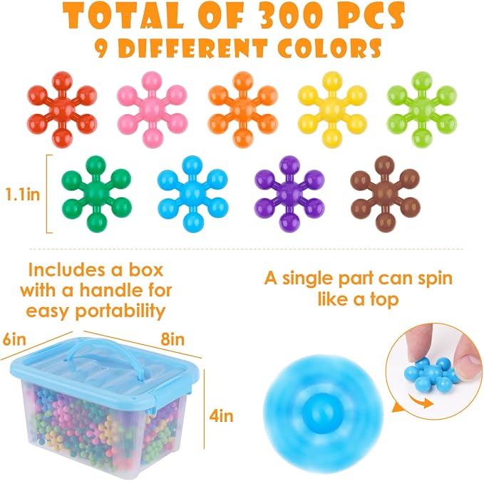 Building Blocks Educational Toy - 300PCS Snowflake Stem Construction Set for Kids 3+, Safe Non-Toxic Storage Case, Learning Gifts for Boys Girls, Multi-Color
