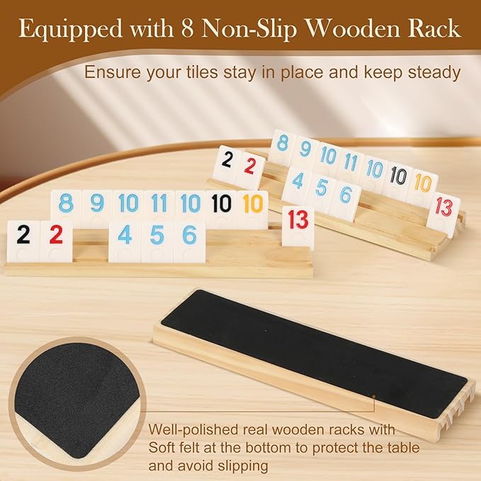 2-8 Players Games Gifts for Men Women Father Mother, Rummy Game Set, 214 Melamine Tiles, 8 Wooden Racks, Drawstring Bag, Premium Portable Case, Tile Board Games for Adults