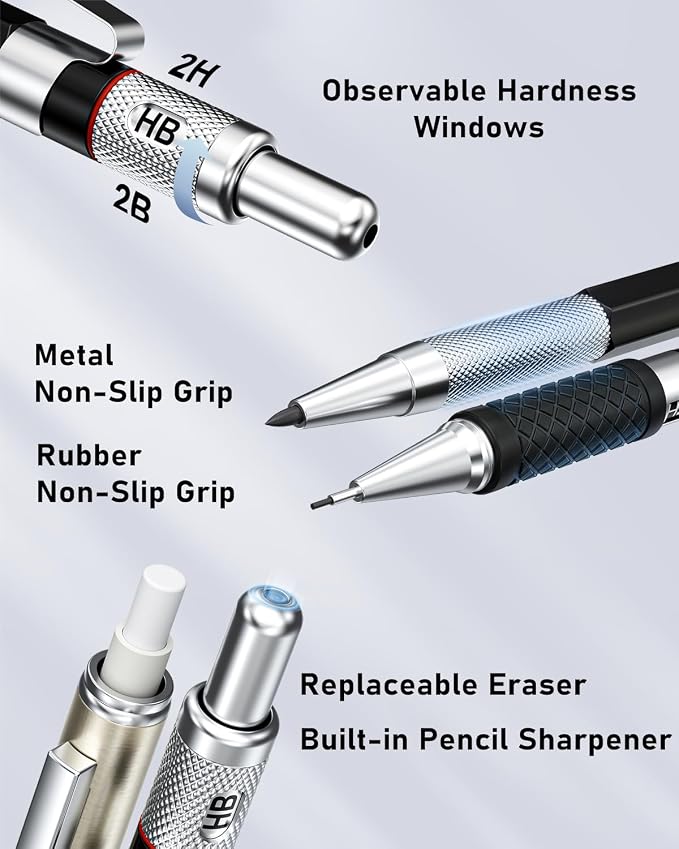 Four Candies 27PCS Mechanical Pencil Set with Case, Art supplies with Metal Pencil 0.3, 0.5, 0.7, 0.9 mm & 2PCS 2mm (HB 2H 2B 4B Color) with 552 Lead Refills, Technical Drawing Kit for Teen & Adults