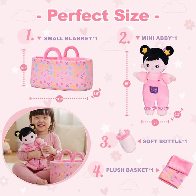 OUOZZZ 10" Soft Baby Doll Accessories with Plush Asian Doll, Bassinet, Blanket and Bottle, Toys for 2 Year Olds Girls Birthday Gift, Interactive Pretend Playset for Preschool, Home