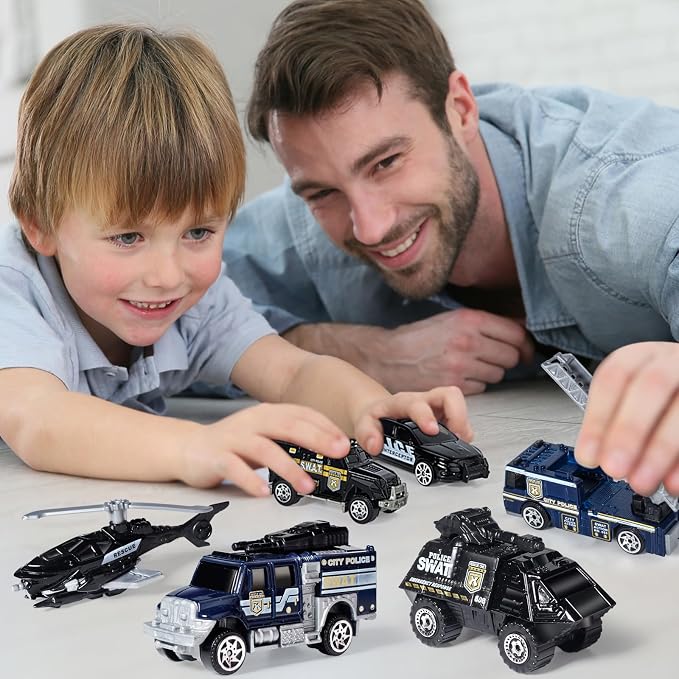 Oriate 6 Pack 1/64 Die-cast SWAT Police Cake Topper Kids Cars Boy Toys Set, Mini Cop Toy Car, Helicopter, Rescue Truck, Military Vehicles Toys, Birthday Gift for 3-5 Year Old Boys Girls