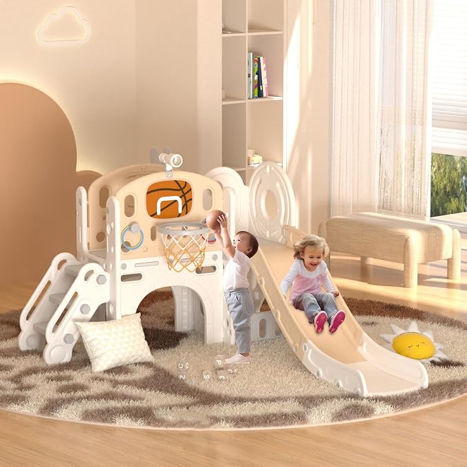 XJD 8 in 1 Toddler Slide Set, Kids Slide for Toddlers Age 1+, Climber Slide PlaySet with Basketball Hoop and Ball,Outdoor Indoor Playground for Toddlers 1-3 (Beige Coffee, 8 in 1)