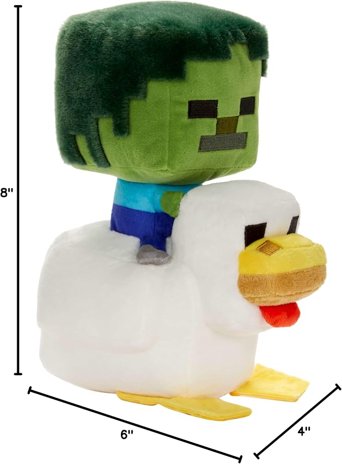 Mattel Minecraft Plush Zombie Chicken Jockey Toy, Collectible Stuffed Animal, 8-inch Soft Doll Inspired by Video Game Character