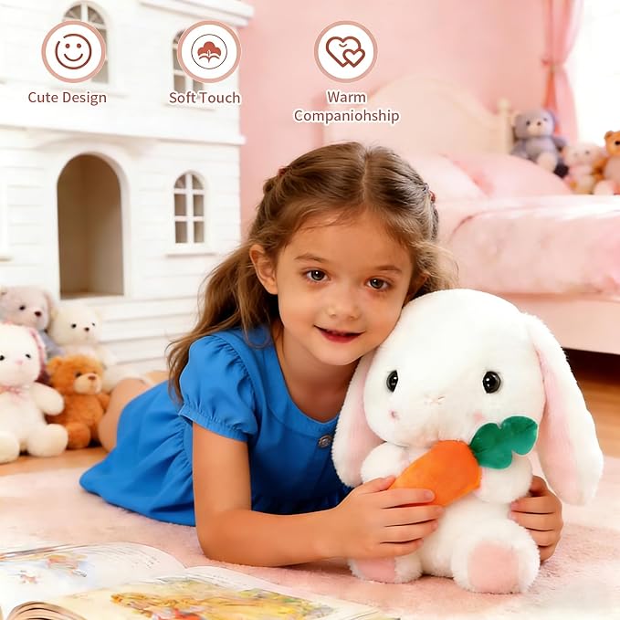 HOUPU Soft Toy - Sitting Lop Eared Rabbit, Easter White Rabbit Stuffed Bunny Animal with Carrot Soft Lovely Realistic Long-Eared Standing Pink Plush Toys (White-Carrot,12.5in/32cm)