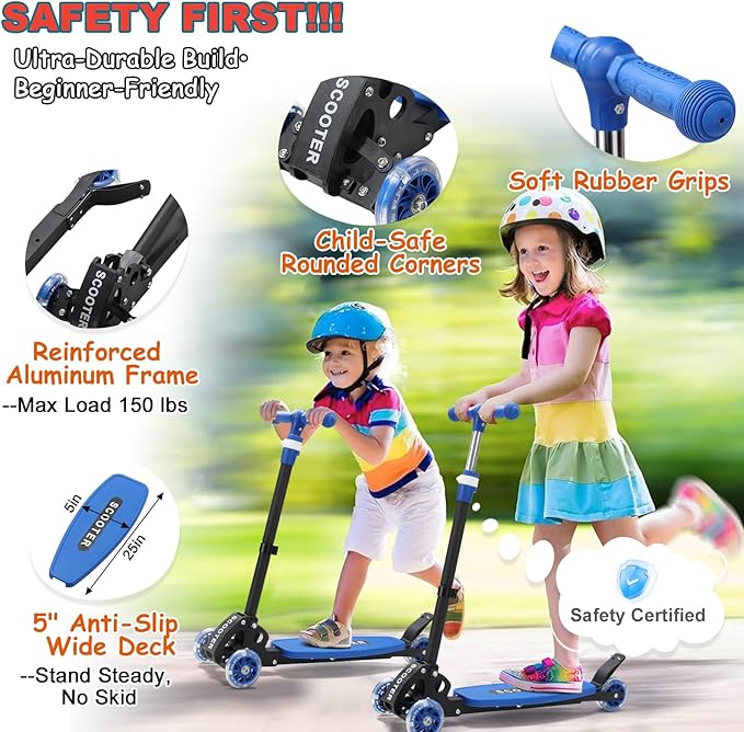 Kids Kick Scooter, Kick Scooter for Kids 2-7 Age, Light up 3 Wheels Kick Scooter, Heavy Duty Folding Lean-to-Steer Scooters with 3 Adjustable Handlebar for Boys Girls Blue