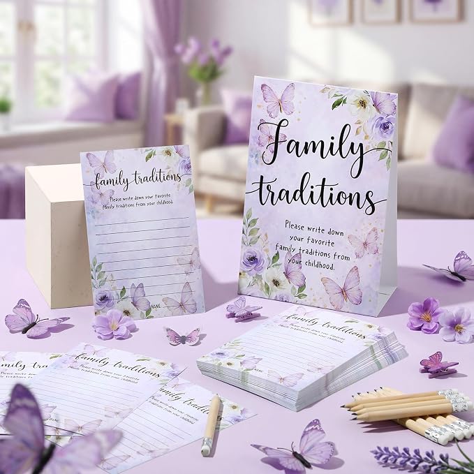 Fumete 61 Pieces Family Tradition Baby Shower Games Include 1 Family Traditions Standing Sign and 50 Activities Cards with 10 Pencils for Gender Reveal Bridal Shower Wedding(Purple,Butterfly)