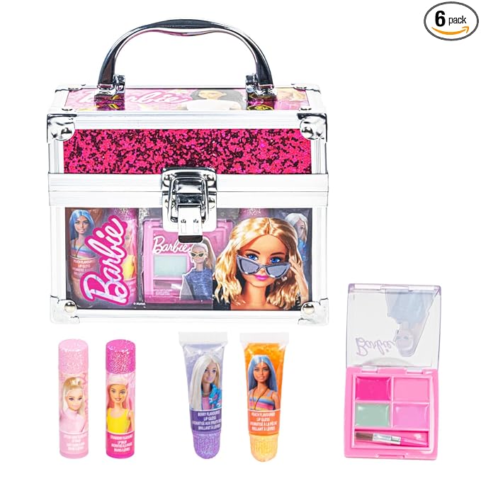 Barbie Beauty Mini Train Case Set Includes Lip Gloss Tube, Lip Balm, Lip Gloss Compact for Girls Party Sleepovers by Townley Girl