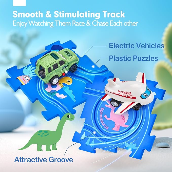 hahaland Dinosaur Race Track for 3+ Year Old Boys, Puzzle Racer Car Track Set with Airplane & Car, Toddler Puzzle Racetrack, Educational Car Puzzle Toy, Gift for 3 Year Old Boys