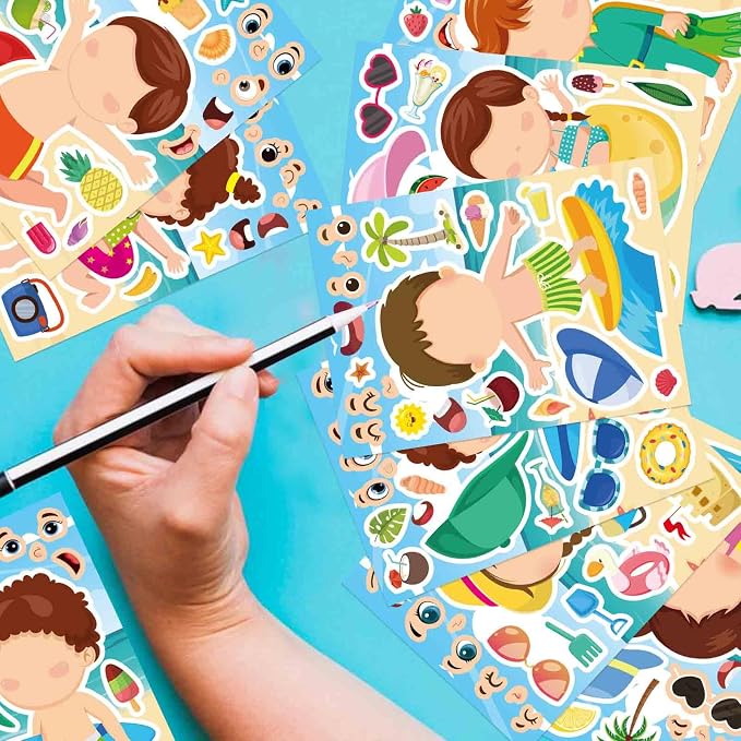 24PCS Summer Stickers for Kids, Make-a-face Stickers, Make Your Own Sticker for Girls Boys, Preschool Holiday Party