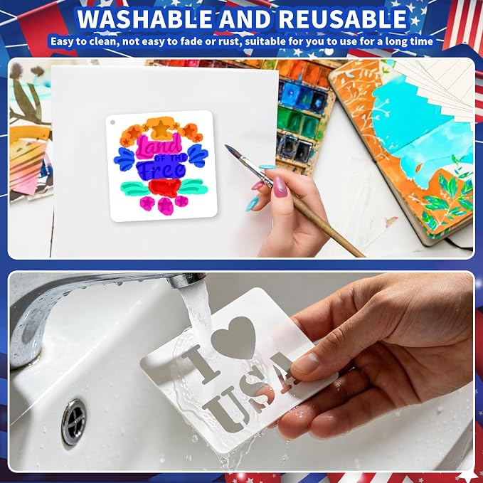 72 PCS 3x3 Inch Independence Day Stencils for Painting - Reusable USA Flag Patriotic Painting Templates, Red White and Blue Party Supplies for 4th of July Memorial Day Painting Stencil