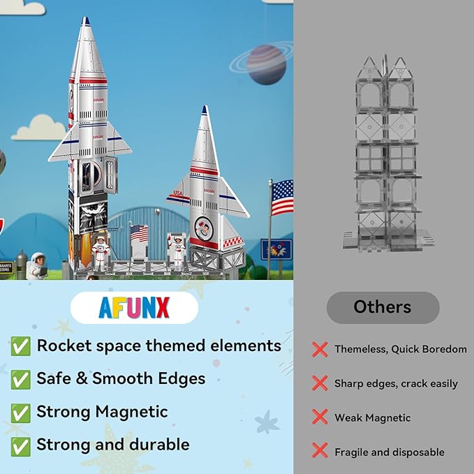 AFUNX Magnetic Tiles Space Rocket Set,46 PCS Magnetic Building Blocks for Kids 3+, STEM Learning Toys, Safe & Durable Creative Construction Play, Gift for Boys & Girls