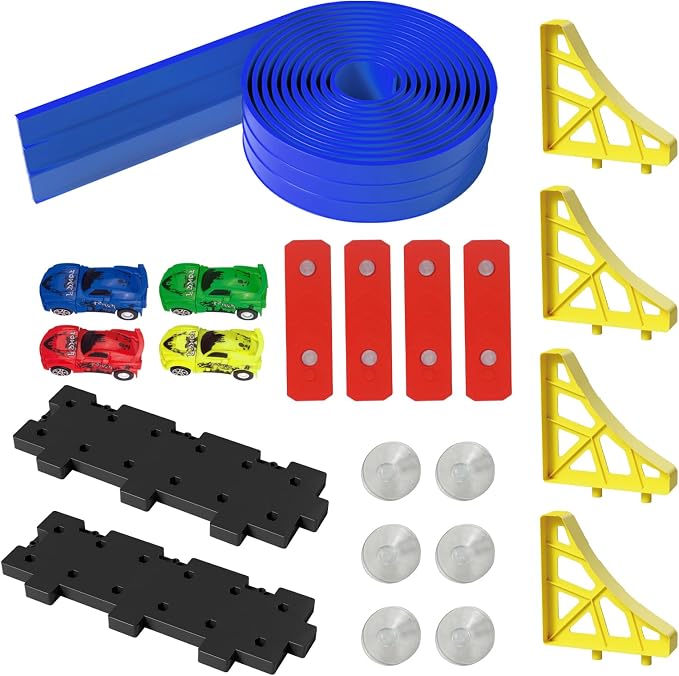 16.5ft Build Anywhere Portable Race Track with Suction Cups - Flexible Roll-Up Design Fits 1/64 Scale Cars, Portable Toy Gift for Kids 4+ Year Old (3 Tracks/Blue)