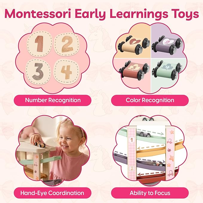 TOP BRIGHT Toddler Toys for 1 Year Old Girl Gifts, Wooden Car Ramp Race Track Set, Car Toys for Toddlers with 4 Cars and a Garage, Montessori Toys for 2 Year Old Girl, Birthday Gift for Age 18+ Month