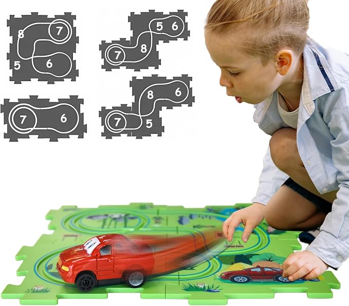 4 Year Old Boy Birthday Gift, Puzzle Racer Kids Car Track Set Puzzle Racer Car Track Set with Roadmap Puzzle Track Car Play Set Toys for 4 Year Old Boys (C-Land, Set3-5PCS)