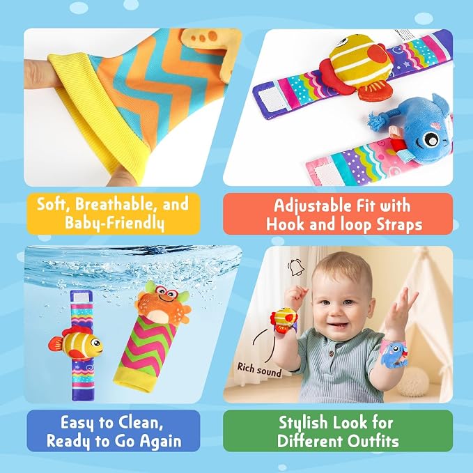 URMYWO Wrist Rattles for Baby - Rattle Socks - Foot Finder Set - Baby Toys for 0-12 Months Infant - Newborn Essentials - Early Learning Sensery Toys for Boy Girl as Shower Gifts