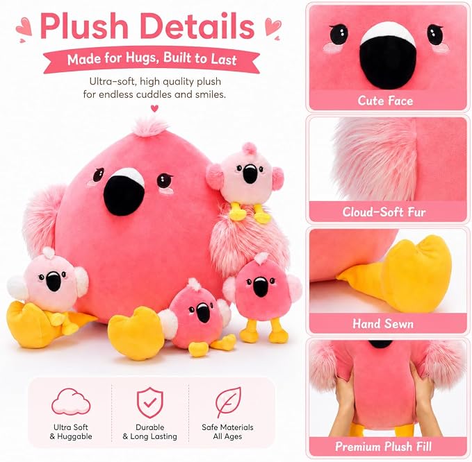 Tezituor Pink Flamingo Stuffed Animal, 5 in 1 Flamingo Plush Toy Pillow with 4 Babies, Zippered Tummy Mommy Flamingo Plushie Gift for Girls Kids, Mother’s Day Valentine’s Day Birthday Christmas