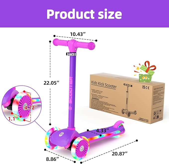 KORIMEFA Scooter for Kids Ages 3-8 with Light-Up Wheels & Deck, 3-Wheel Toddler Scooter with Adjustable Height, Anti-Slip Deck, Lean-to-Steer