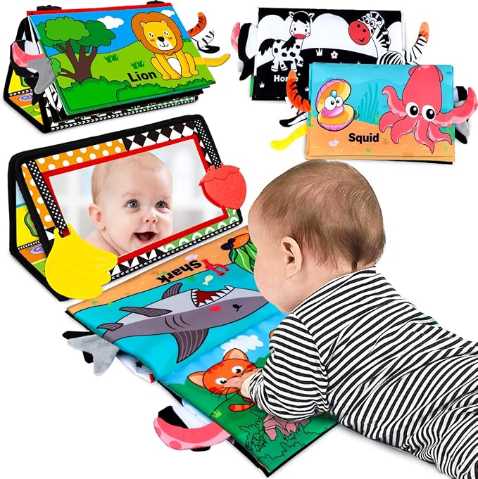 Tummy Time Toys - Baby Mirror Infant Toys Infant Toy with Cloth Book - Black and White High Contrast Baby Toys for Newborn - Montessori Sensory Toy 0 2 3 4 5 6-12 Months Babies Boy Girl Shower Gifts