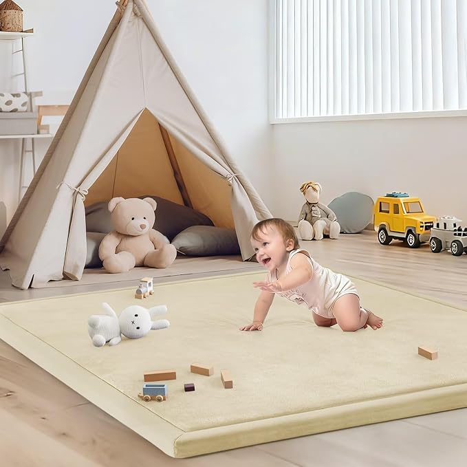 Baby Play Mat for Floor Nursery Rug Muscle Mat Area Rug Playroom Rug 39"x59" Playpen Mat Elastic Foam 1.3" Thick Crawling Mat for Babies,Toddlers, Infants, Kids,Light Beige