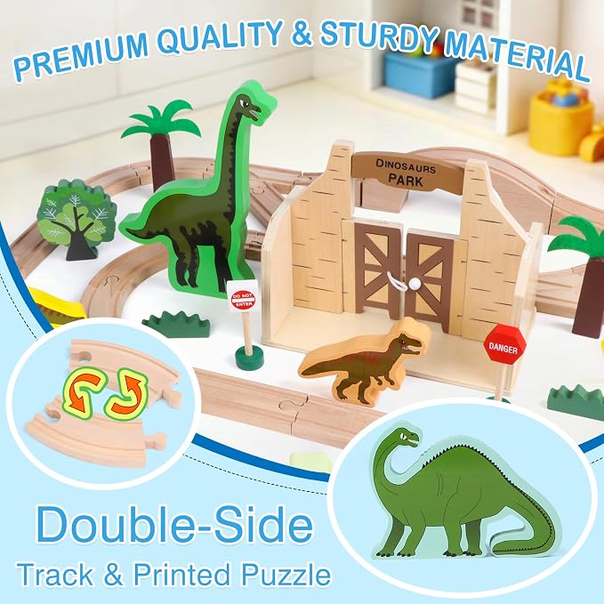 Wooden Train Set, Dinosaur Toys for Kids 3-5, Compatible with Major Brands, Dinosaur Train, Ideal Wooden Dinosaur Train Track Set for 3 4 5 6 7 8 Year Old Kids Boy Girl