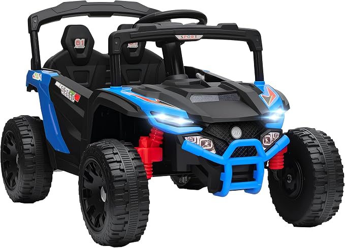 Qaba 12V Kids Ride On Car Truck, Battery Powered Electric UTV Vehicle with Rear Suspension, Remote Control, LED Lights, Music, Horn, Speed Up to 3.1 mph, for 3-5 Years Boys Girls, Blue