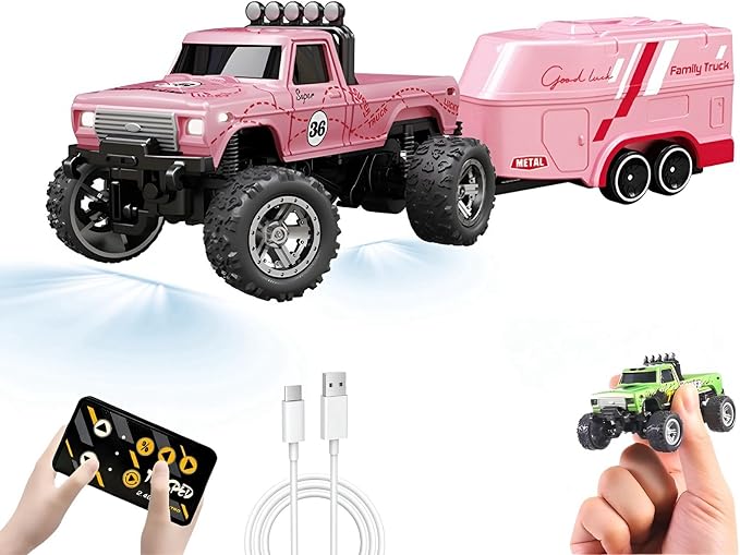 1:64 Scale Mini Remote Control Monster Truck with Trailer | 2.4GHz & App Dual Control, Alloy Mini RC Car with LED Lights, Portable Pocket Toy Car for Kids & Adults, Gift for Boys (Pink)
