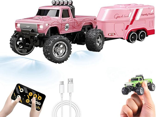 1:64 Scale Mini Remote Control Monster Truck with Trailer | 2.4GHz & App Dual Control, Alloy Mini RC Car with LED Lights, Portable Pocket Toy Car for Kids & Adults, Gift for Boys (Pink)