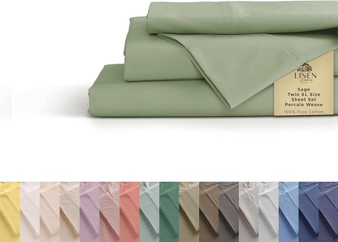 Linen Home 100% Cotton Percale Sheets Twin XL Size, Sage, Deep Pocket, 3 Pieces Set - 1 Flat, 1 Deep Pocket Fitted Sheet and 1 Pillowcase, Crisp Cool and Strong Bed Linen