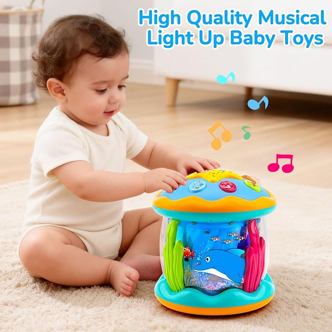 Tsomtto Baby Toys Ocean Projector Rotating Musical Light Up Tummy Time Toys for Infants Baby Aquarium Crawling Toys Newborn Boy Girl Birthday Shower Gifts