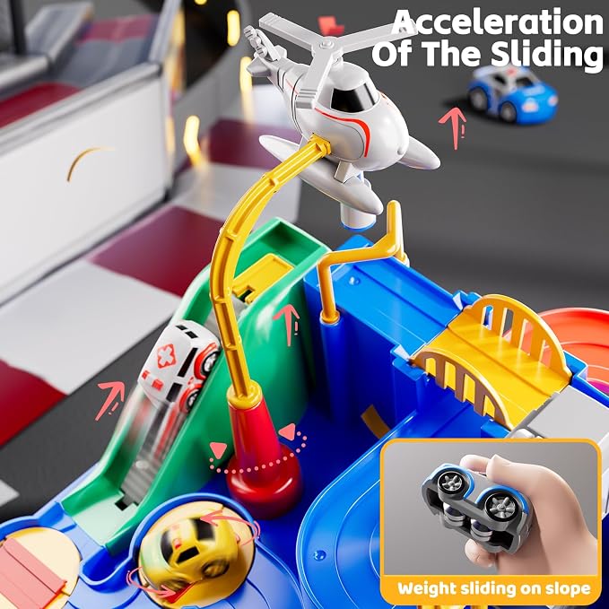 Car Race Track for Kids Ages 3+, Kids Car Toys for 3 Year Old Boys, Race Track for Toddlers 3+, City with 3 Small Cars and Helicopter, Educational Birthday Gifts