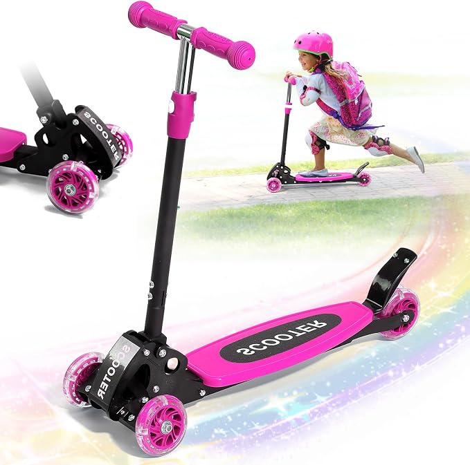 3 Wheel Kids Kick Scooter for Ages 3-12, Lean-to-Steer, Light-Up Wheels, 3-Level Adjustable Handlebar 27.5”-33”, Wide Non-Slip Deck, Dual Rear Brake,Travel Foldable, for Boys & Girls Toy Gifts