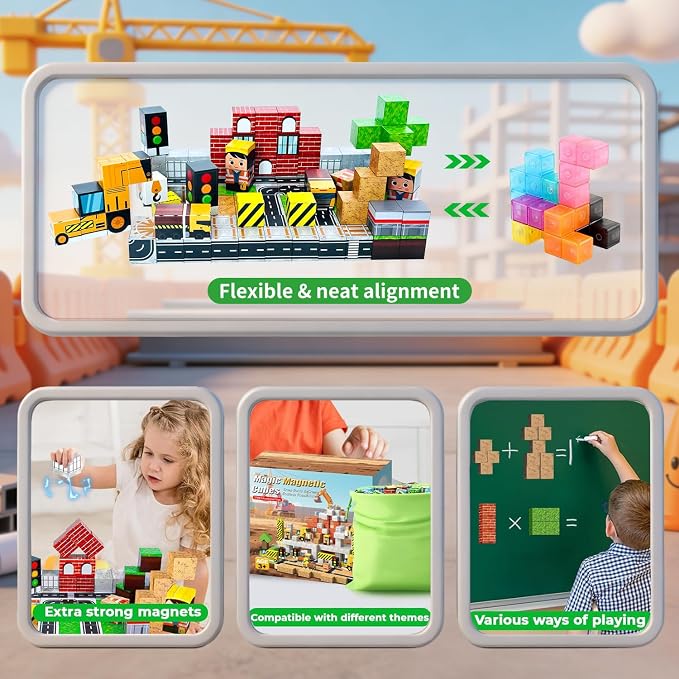 Magnetic Blocks 100PCS Construction Site Set - Build Mine Crane & Truck Magnetic Cubes, STEM Montessori Sensory Toys for Kids 3+, Educational Magnetic Tiles Gifts for Girls & Boys