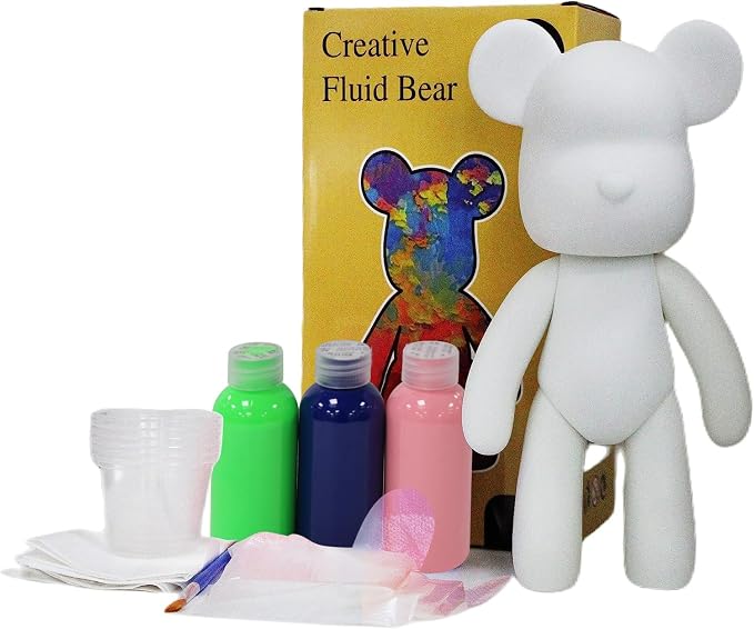 HANDA DIY Painting Fluid Bear Teddy Bear Painting Kit Set Creative Home Decorations Handmade Doll Figurine Toys Gift for Birthday Valentines (13.4 inch, Pink+Green+Blue)