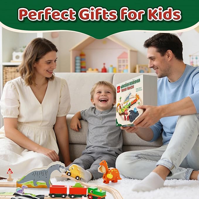 Lehoo Castle Wooden Train Set - Dinosaur Train Set for Toddlers 2-4, Wooden Train Track Railway Playset Toys for 3 4 5 6 Year Old Boys Girls Birthday Gifts