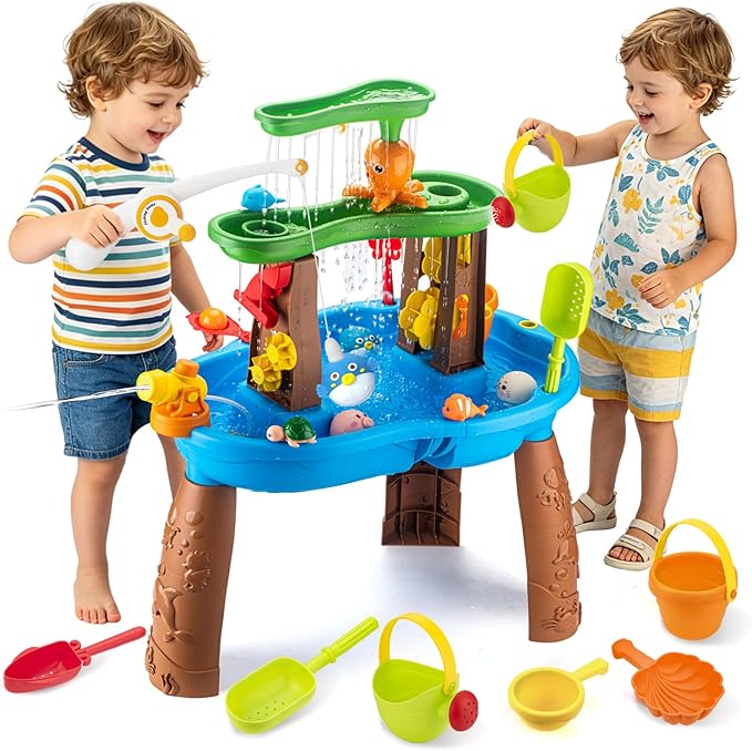 VROGTIK Water Table for Toddlers 3-5, Kids Sand Water Table with Fishing Game Set, Sensory Play Table Toys for Outdoor Pool Beach Backyard Summer Birthday Gift for Boys Outside Toys for Toddler