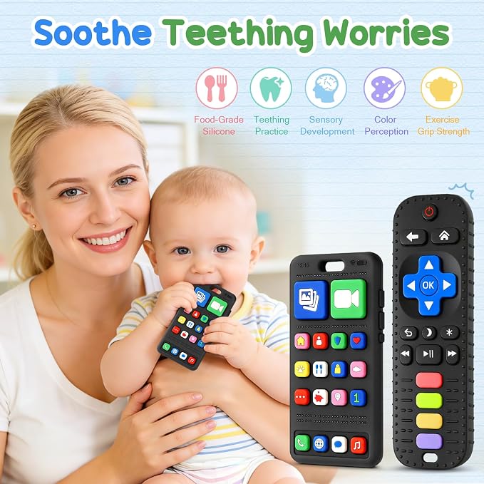 2 Pack Baby Teething Toys 3-6 6-12 Months, BPA Free Silicone Phone and TV Remote Teether Toys for Baby 12-18 Months, Baby Chew Toys for Teething Relief, Newborn Shower Gifts for Boys Girls
