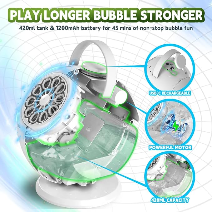 Rechargeable Bubble Machine - Auto 90°/360° Rotation, Remote Control(65-131ft), 9-Color LED, Larger Bubbles Design, Bubbles Maker Toys Gifts for Kids, Toddlers, Birthday, Parties, Wedding, Boys, Girls